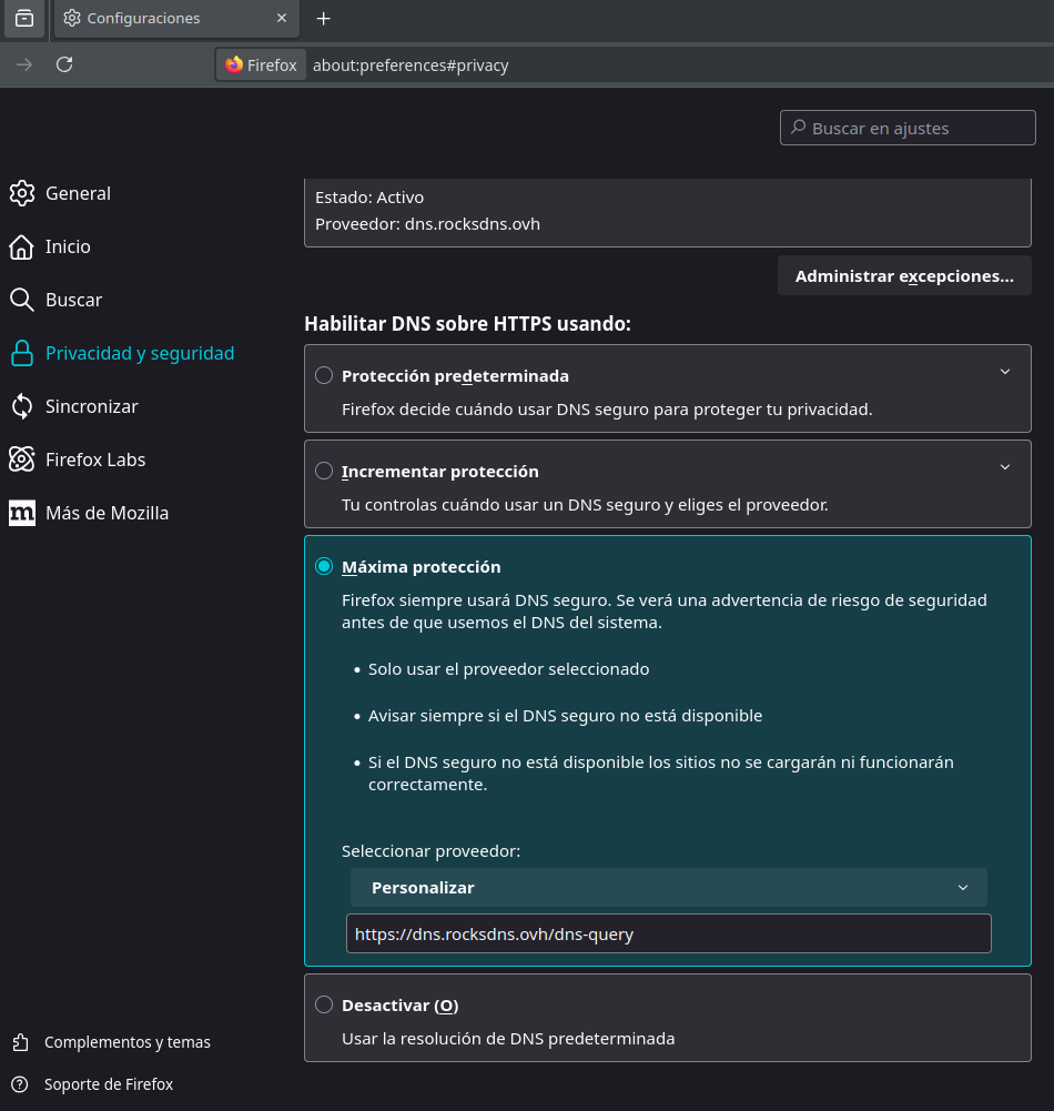 Configuración DNS en Vivaldi con RocksDNS
